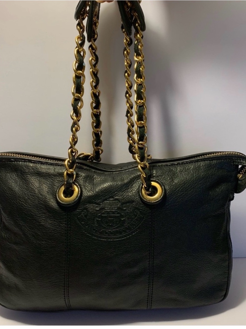 Juicy Couture Black Leather Shoulder Bag with Gold Chain Straps